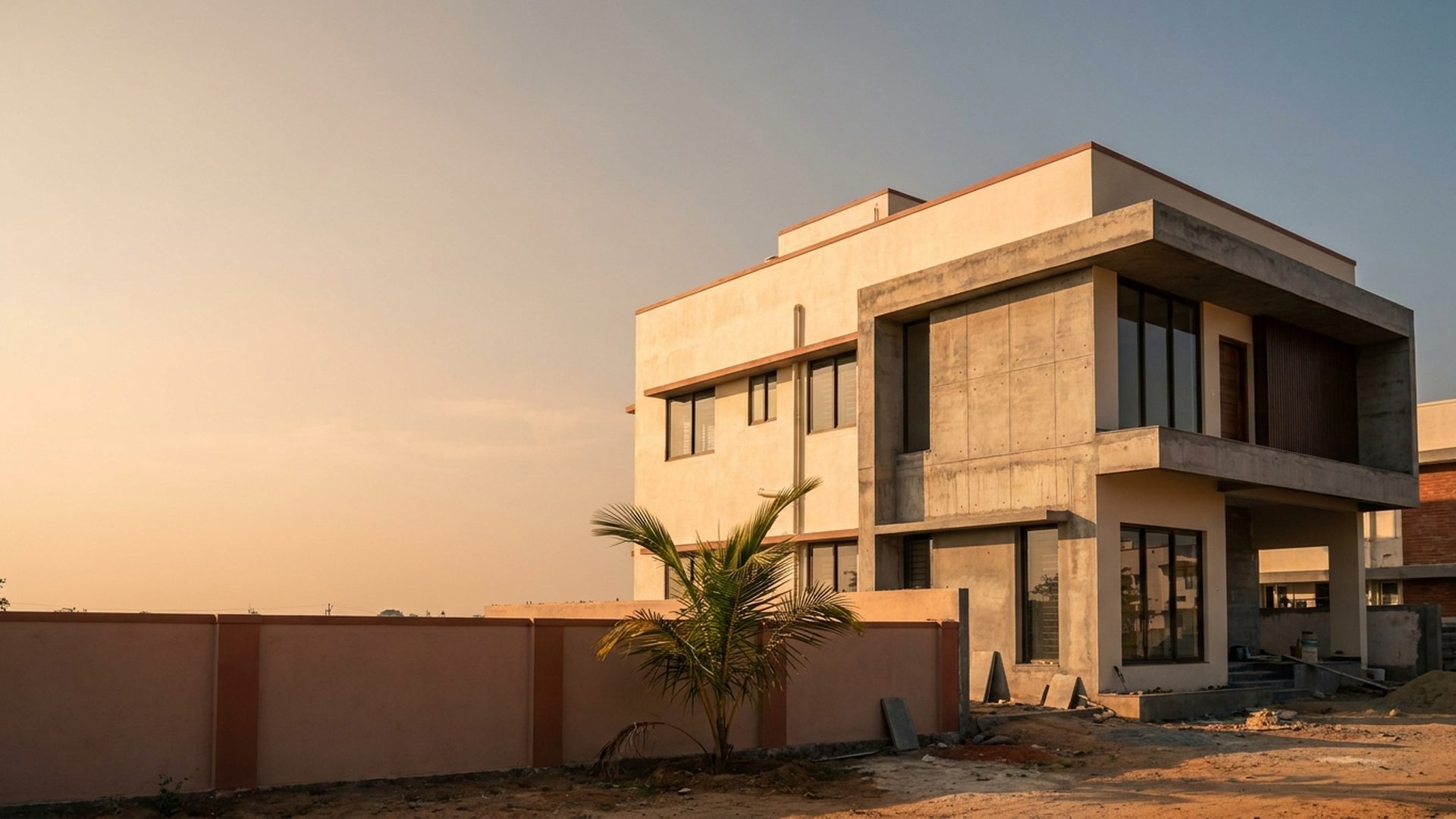 A modern two-storey house nearing completion at golden hour