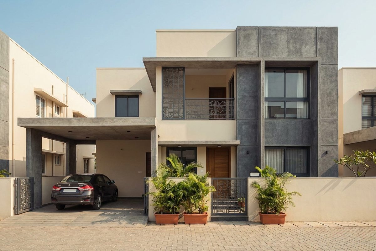 Completed modern two-storey house with car porch and cream and grey exterior