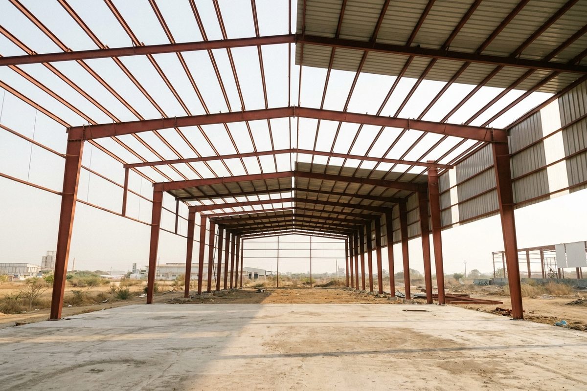 Pre-engineered steel warehouse frame with red primed portal frames and metal roof sheeting