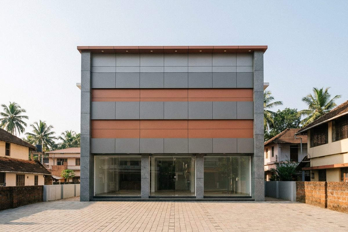 Three-storey commercial building with grey cladding and glass shopfronts