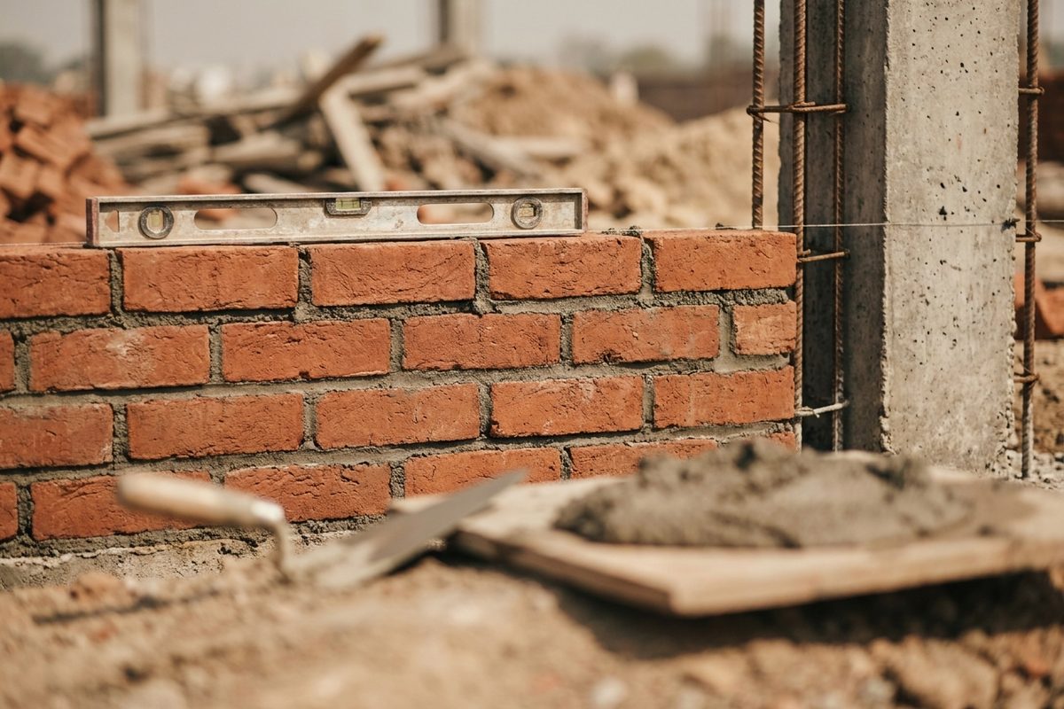 Freshly laid brick masonry being checked with a spirit level